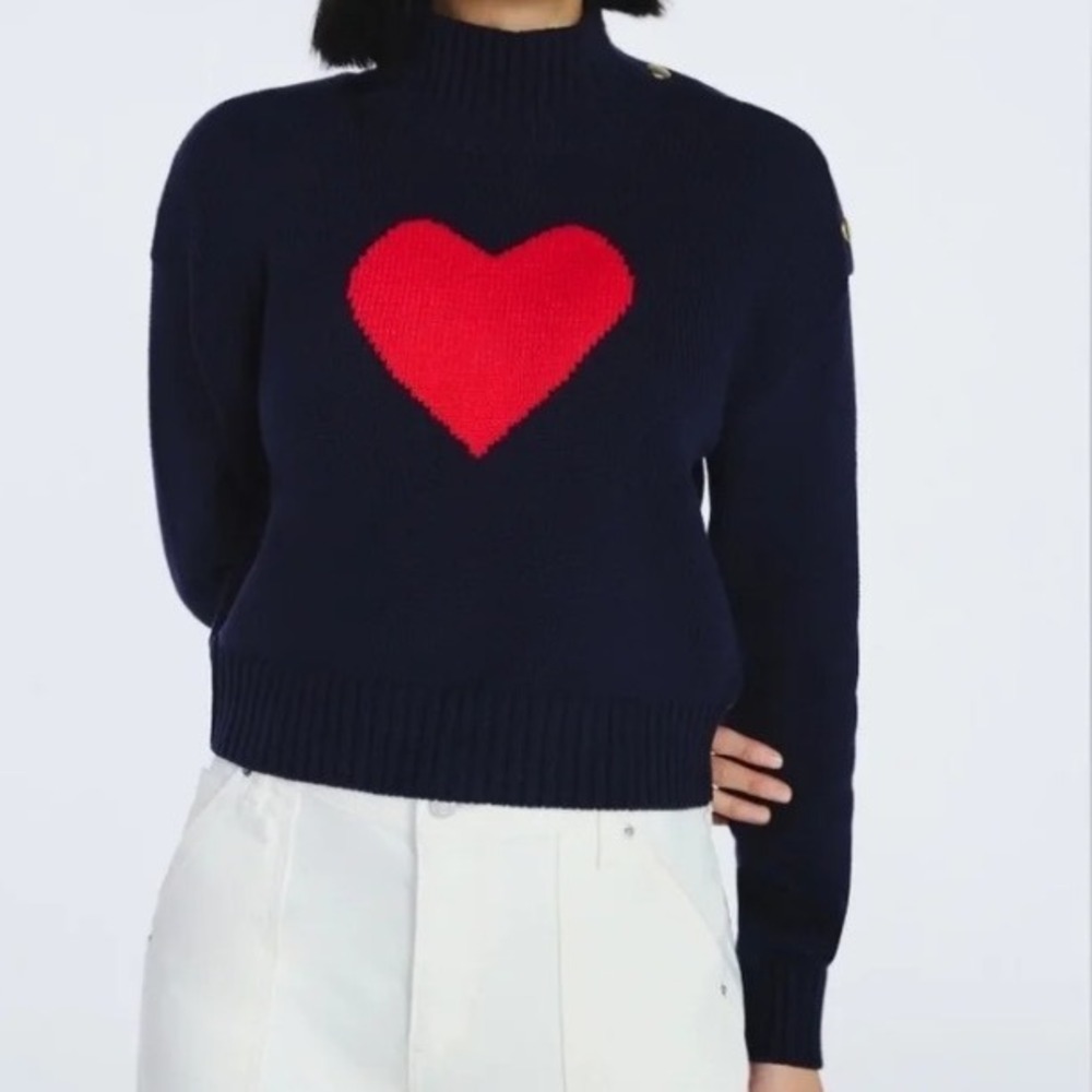 Free Assembly Navy Blue Mock Neck Heart Knit Sweater Gold Button Sz L